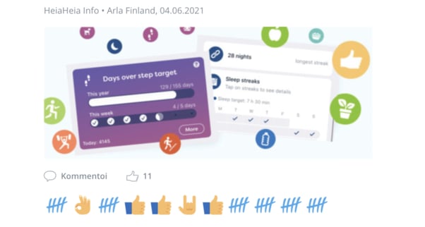 A screenshot of Arla's employee's HeiaHeia account with lots of cheers from colleagues