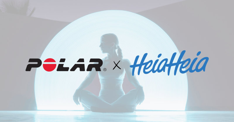 Polar x HeiaHeia logos on top of an image of a woman sitting in lotus position